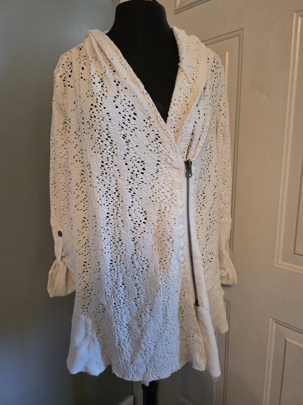Free People Oversized Sweater Crochet Knit Hoodie Festival Boho Asymmetrical S